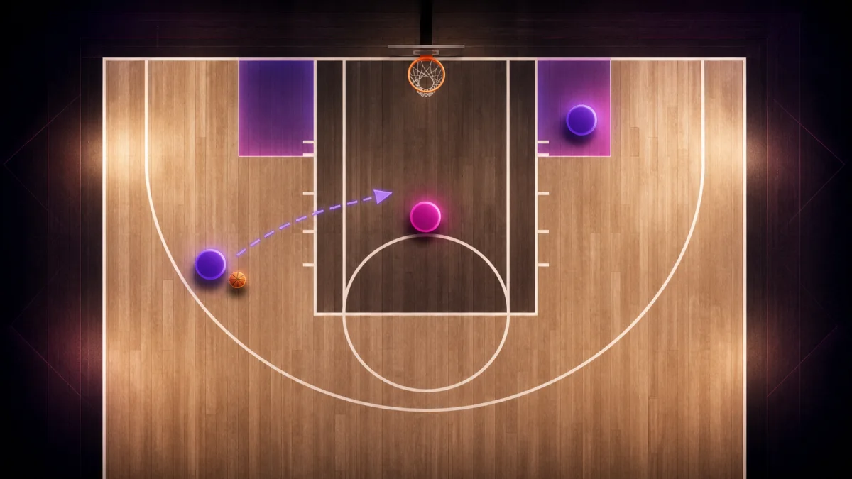 Draufsicht auf ein Basketball-Halbfeld, das die beiden Dunker-Spots an der Grundlinie neben der Zone hervorhebt.