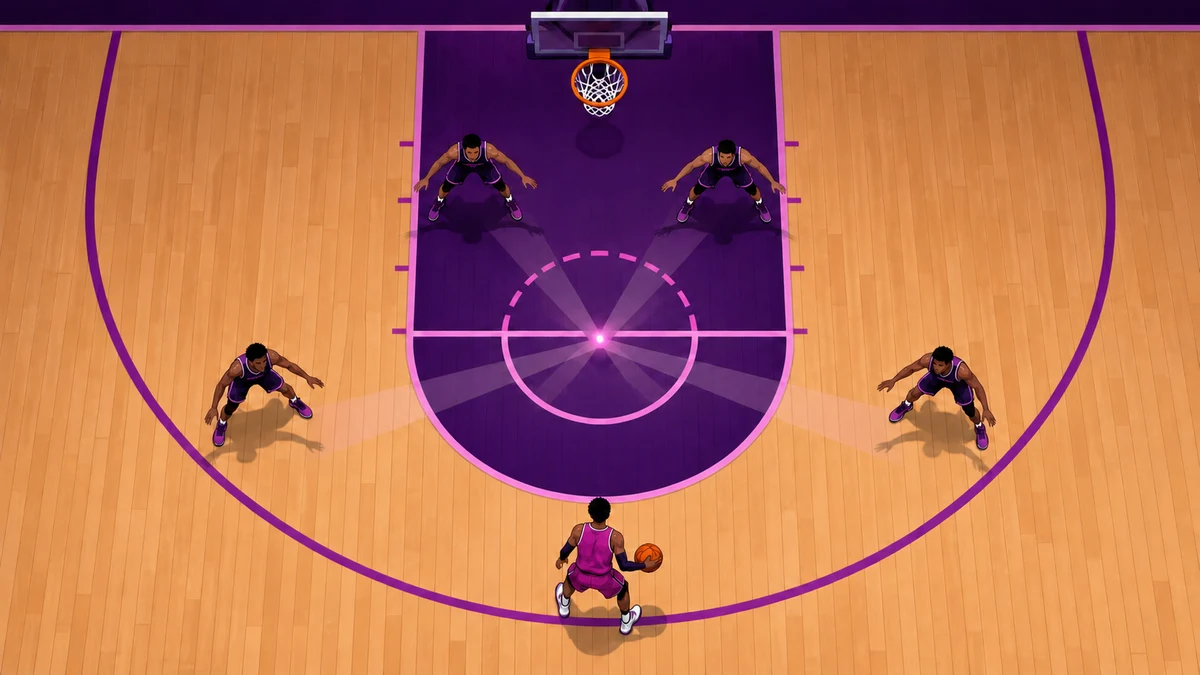 Basketball-Halbfeld aus der Vogelperspektive mit Help-Verteidigern, die um den Mittelpunkt der Freiwurflinie, bekannt als der Nagelpunkt, positioniert sind.