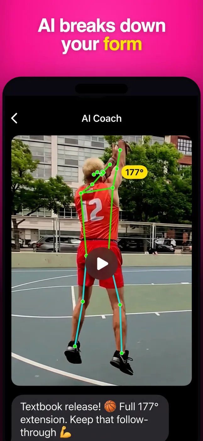 Level Up AI Coach analyzing a basketball jump shot with pose tracking and coaching feedback