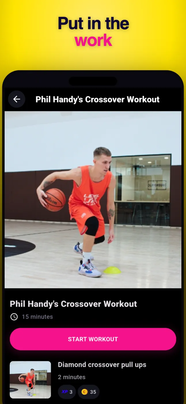 A guided crossover workout in the Level Up Basketball app with drill order, timing, and start controls