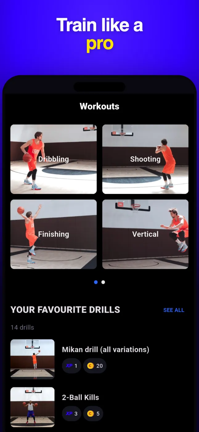 Level Up Basketball app workout library with shooting, dribbling, finishing, and vertical jump training